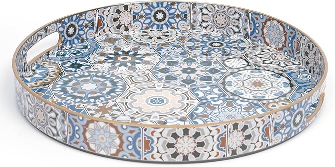 Round Coffee Table Trays, Serving Tray with Handles for Ottoman Coffee Table, Large Tray for Living Room Modern