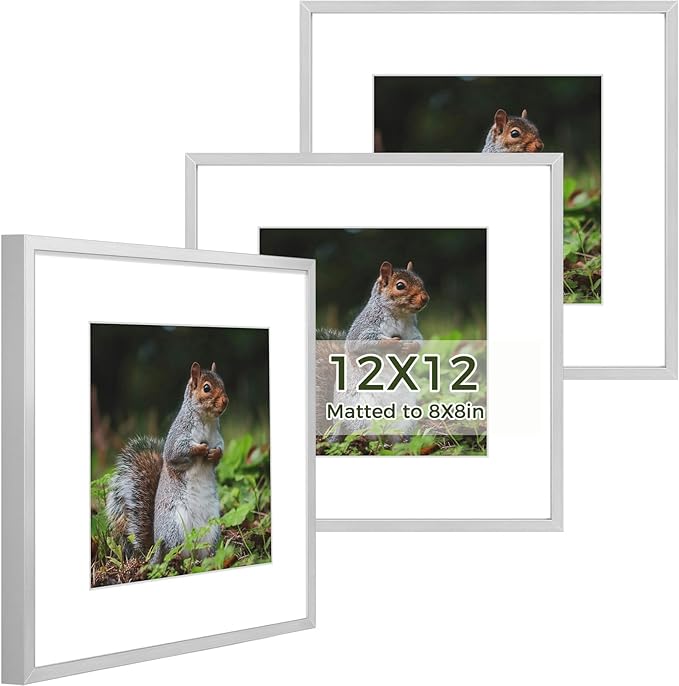 Golden State Art 12x12 Picture Frame 3 Pack - Aluminum Frames with 8x8 Removable Mats & Real Glass, Display 12x12 Posters or 8x8 Photos - Silver Gallery Wall Frames for Home Office Decor