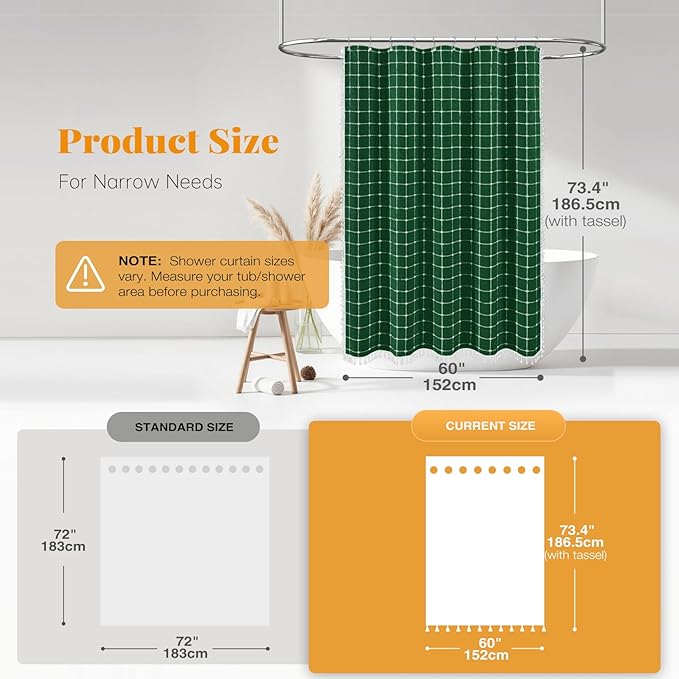 BTTN 60 Inch Stall Shower Curtain - Boho Farmhouse Linen Thick Fabric Cloth Shower Curtain Set with 10 Plastic Hooks, Bohemian Country Decorative Shower Curtain for Bathroom - 60x72 - Emerald Green