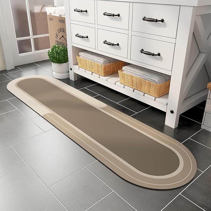 MontVoo Bath Mat Runner - Long Non Slip Absorbent Quick Dry Thin Bath Rug for Bathroom Floor Mat - Rubber Backed - Stain Resistant - Easy Care - Beige 17"x70"