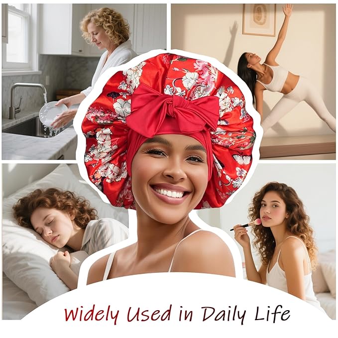 Silk Bonnet for Sleeping Women Satin Hair Cap with Tie Brand Curly Hair Sleep Protection Silk Head Wrap Double Layer - Red