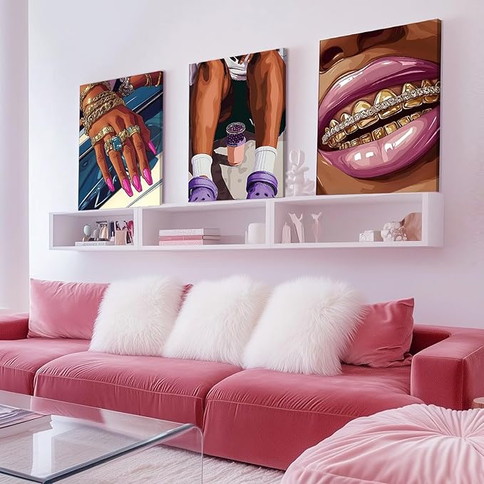 Black Girl Canvas Wall Art Set of 3, Fashion African American Woman Wall Decor Paintings, Abstract Black Women Pictures Prints for Girly Bedroom Living Room Dorm 16x24 inch Framed