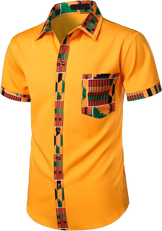 ZEROYAA Men's African Printed Patchwork Design Short Sleeve Button up Shirt