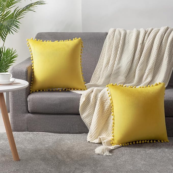 DEZENE Couch Pillow Covers 16x16 Yellow: 2 Pack Cozy Soft Pom-poms Velvet Square Throw Pillow Cases for Farmhouse Home Decor