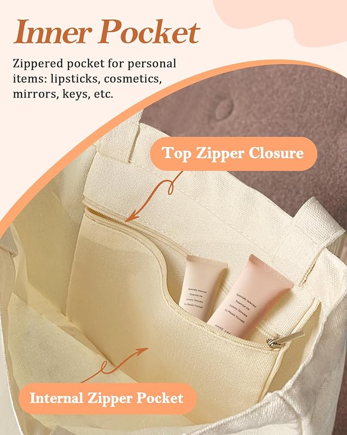 Canvas Tote Bag with Pocket - Aesthetic Cute Canvas Bag for Women Shoulder Totes for Shopping, Work, Gym