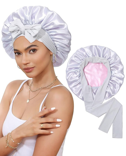 Satin Bonnet Silk Bonnet for Sleeping Silk Sleep Cap Double Layer Hair Bonnet with Elastic Tie Band for Curly Hair Night Cap (Light silver+Pink)