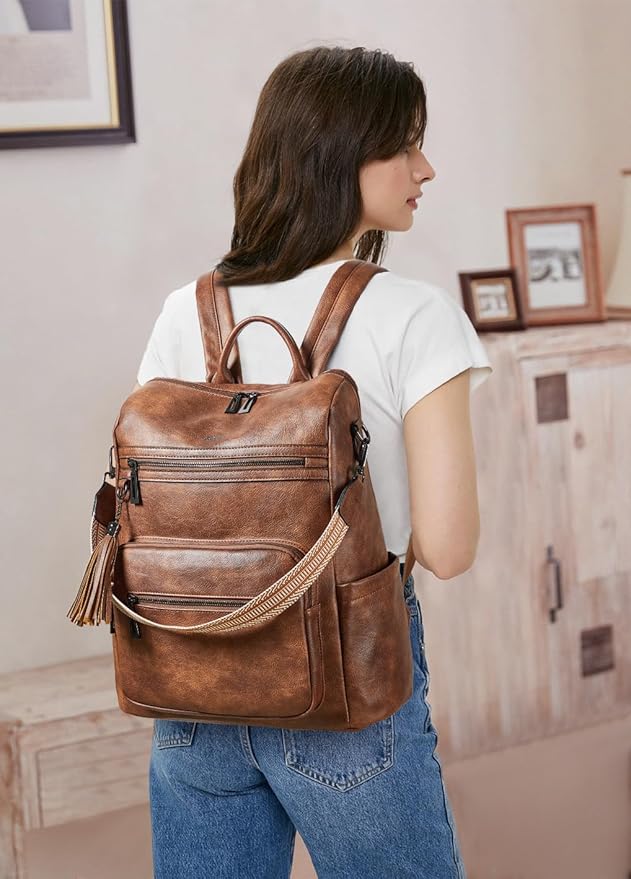 Shrrie 15.6 inch Laptop Backpack for Women,Large Leather Backpack Purse,Travel,Carry on,Water Resistant Casual Laptop Backpacks,College Backpack,Work Backpack for Women,Two-toned Brown