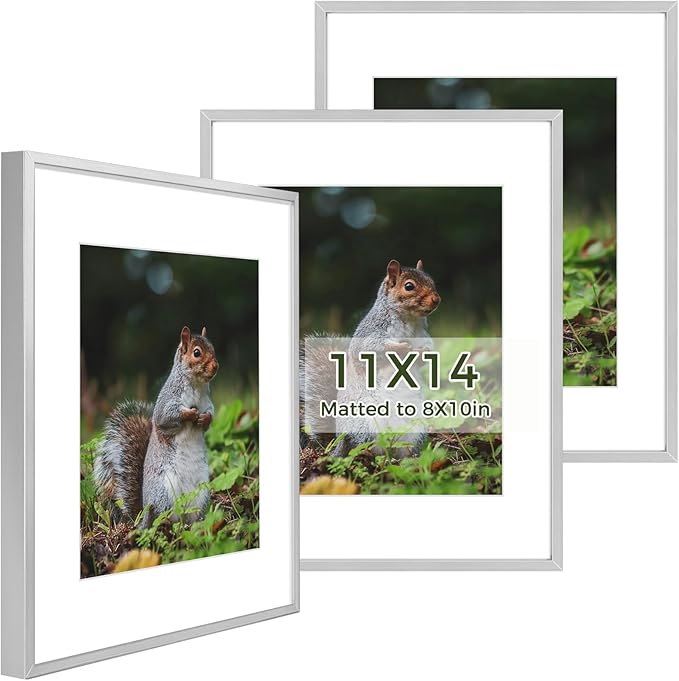 Golden State Art 11x14 Picture Frame 3 Pack - Aluminum Frames with 8x10 Removable Mats & Real Glass, Display 11x14 Posters or 8x10 Photos - Silver Gallery Wall Frames for Home Office Decor