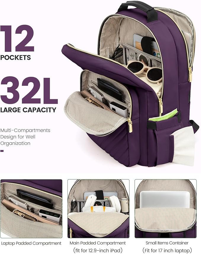LOVEVOOK Laptop Backpack for Women, Travel Computer Work Bags with 17-inch Laptop Compartment, College School Student Bag Teen Backpacks For Girls, Outdoor Carry On Backpack Purse, Deep Plum