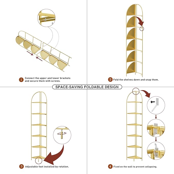 Crofy Foldable 6 Tier Corner Shelf, Metal Corner Plant Stand with Gold Frame and Gold Shelves, Corner Display Rack Multipurpose Shelving Unit for Living Room, Bedroom, Bathroom