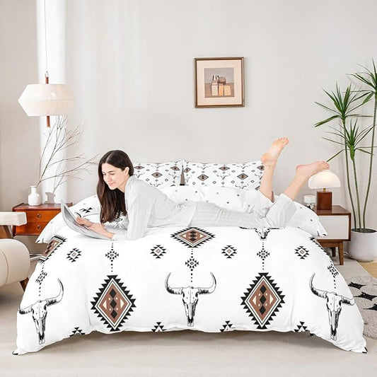 Castle Fairy Western Duvet Cover Set Twin Size,Bull Skull Bedding Set 2 Pcs for Cowboys Girls Youth Adults,Southwest Decor Comforter Cover,Geometric Tribal Aztec Quilt Cover,Not Comforter