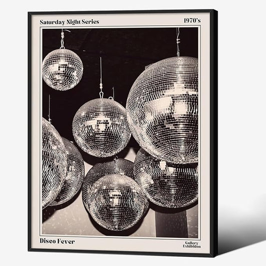 70s Disco Ball Newspaper Wall Art Vintage Black and White Art Posters 08x10 inch Black Framed Funky Aesthetic Canvas Prints Retro Bar Cart Decor for Bar Bedroom