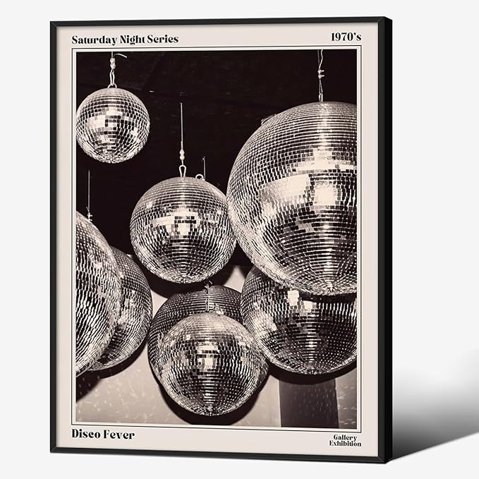 70s Disco Ball Newspaper Wall Art Vintage Black and White Art Posters 12x16 inch Black Framed Funky Aesthetic Canvas Prints Retro Bar Cart Decor for Bar Bedroom