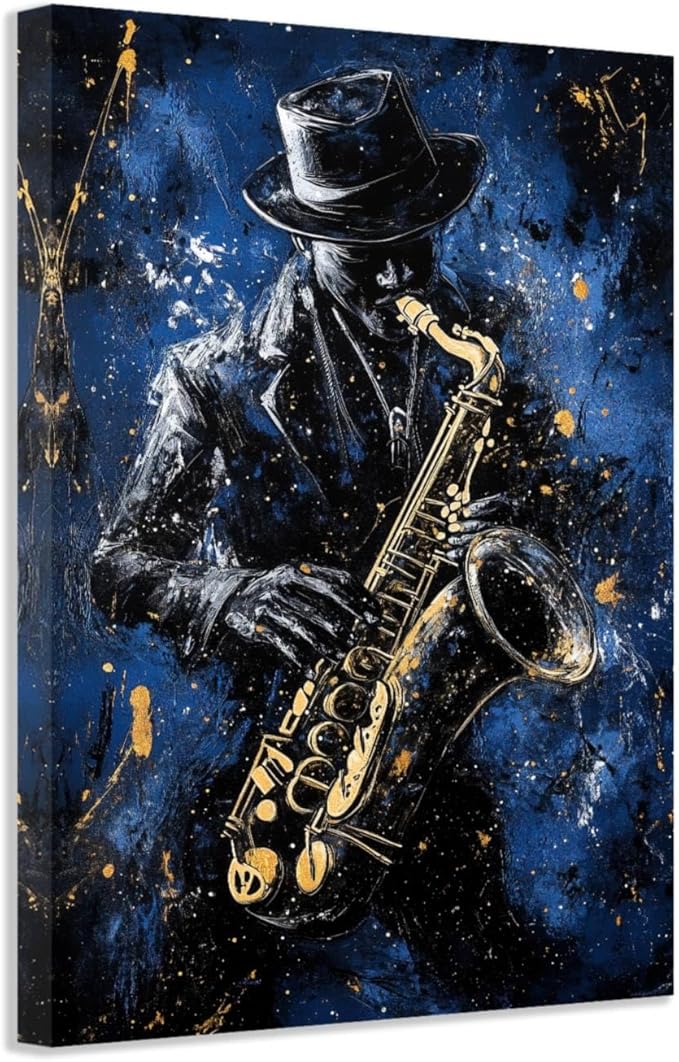 SWQYLB Black Music Wall Art Abstract Jazz Wall Decor African American Painting Canvas Musical Instruments Pictures Classroom Music Men Room Decor Framed (Blue, (20.00" x 30.00"))