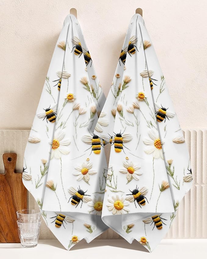 Microfiber Kitchen Towels - Set of 2 Dish Towels for Kitchen 18 x 26 Inch Home Decoration White Flower Bee Cute Spring Hand Towels Soft & Absorbent Aesthetic Design