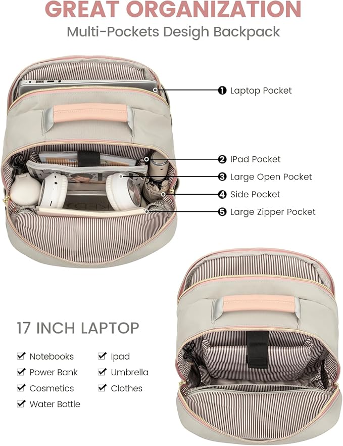 LOVEVOOK Laptop Backpack for Women, Travel Computer Work Bags with 17-inch Laptop Compartment, College School Student Bag Teen Backpacks For Girls, Outdoor Carry On Backpack Purse, Grey Pink