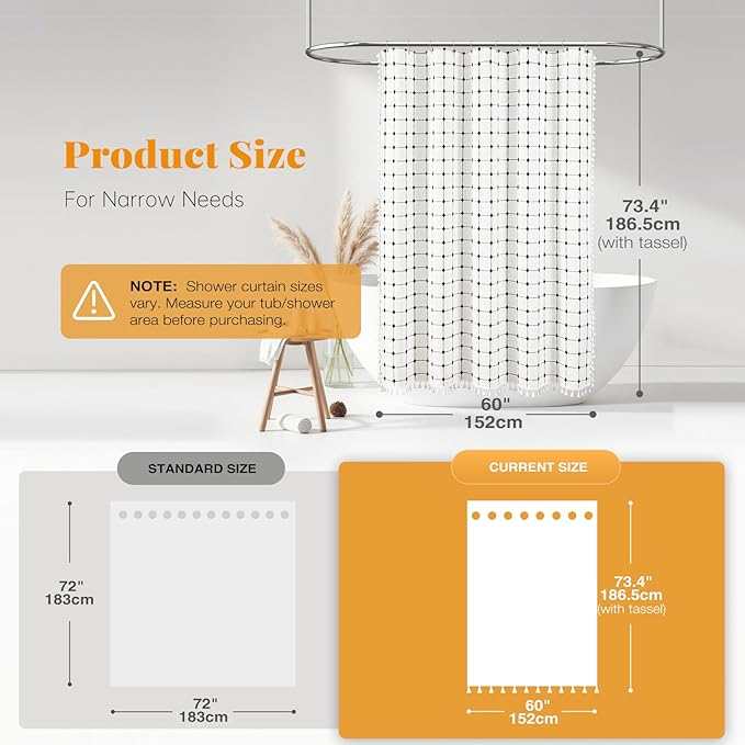 BTTN 60 Inch Stall Shower Curtain - 60x72 Boho Farmhouse Linen Fabric Cloth Shower Curtain Set with 10 Plastic Hooks, Narrow Bohemian Country Decorative Shower Curtain for Bathroom - White and Black