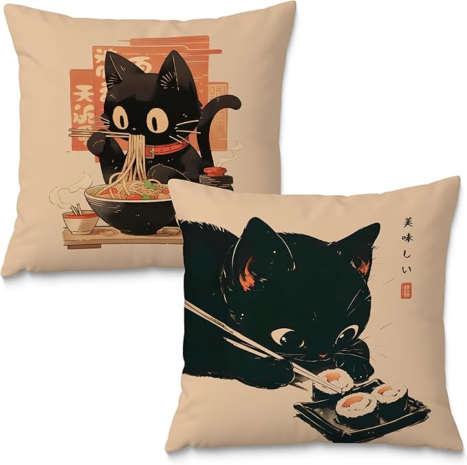 Funny Vintage Black Cat Japanese Sushi Ramen Noodles Pillow Covers 18x18 Set of 2, Aesthetic Black Cat Art Painting Decor Pillow Covers for Room Bedroom