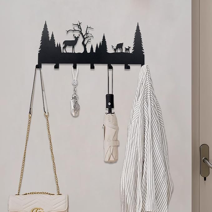 Forest Silhouette Metal Hook Rack - Rustic Wall Mounted Hooks for Coats, Keys, and Outdoor Gear - Decorative Deer & Pine Tree Design, Black