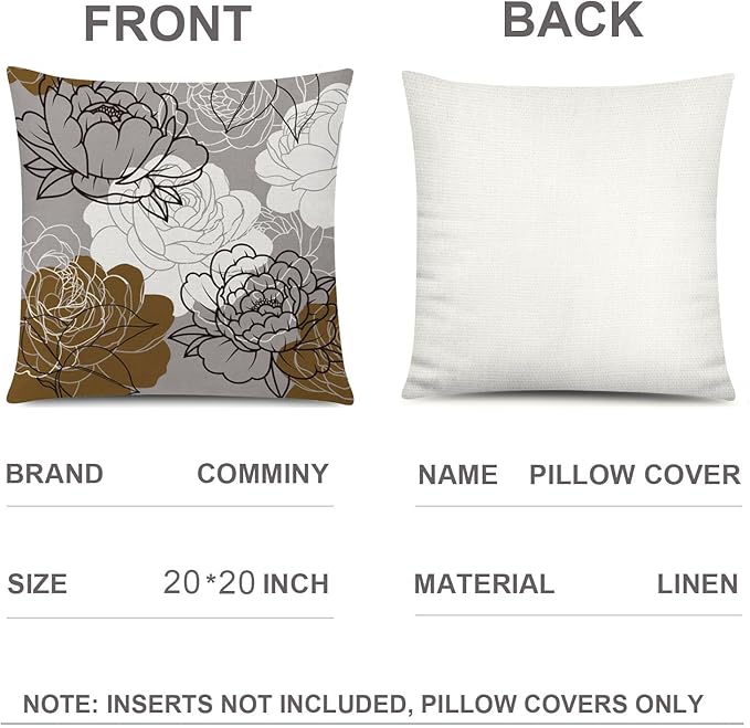 COMMINY Brown Grey Pillow Covers 20x20 Set of 6 Decorative Daisy Flower Throw Pillow Cover for Couch Modern Coffee Pillow Case for Patio Living Room Cushion Bed Farmhouse Home Decor