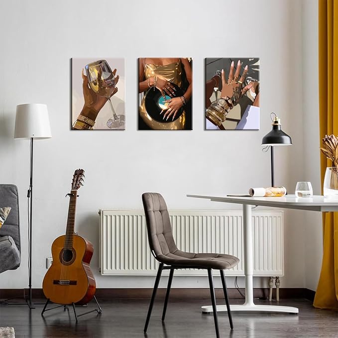 Black Girl wall Art Set of 3, African American Woman Wall Decor Fashion Gold People Music Poster Canvas Prints Paintings Pictures for Bedroom Living Room Decoration 12x16 inch Framed