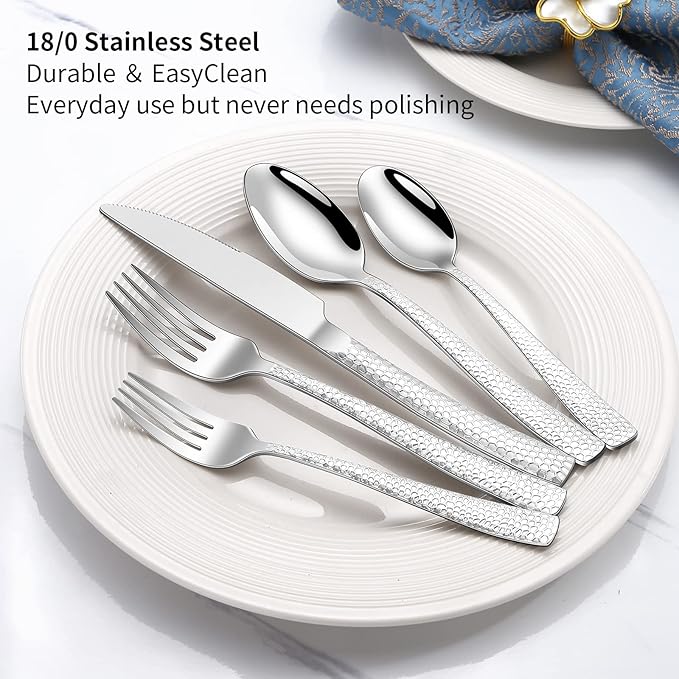 20-Piece Silverware Set, Silver Hammered Stainless Steel Flatware Sets for 4, Food-Grade Tableware Set, Including Fork Knife Spoon Set, Home Kitchen Cutlery Sets, Dishwasher Safe
