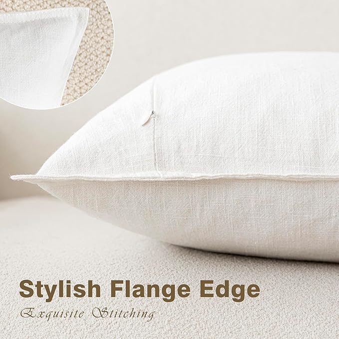 Foindtower Pack of 2, Decorative Linen Soild Throw Pillow Covers Soft Accent Cushion Case Boho Farmhouse Neutral Pillowcase for Chair Couch Sofa Bedroom Living Room Home Decor 16 x 16 Inch Cream White