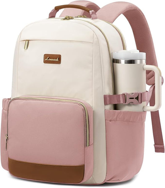 LOVEVOOK Laptop Backpack for Women with Pouch Pocket for Large Capacity Cup,17 Inch Teacher Nurse College Work Backpack Purse,Waterproof Laptop Bag Computer Back Pack for Travel, Beige-Pink-Brown