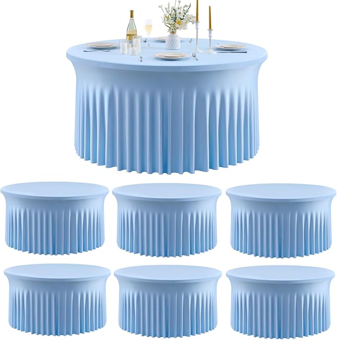 Outpain 6 Pack Spandex Baby Blue Round Tablecloths for 60in Tables, 120Inch Stretchy Fitted 5FT Round Table Clothes,Wrinkle Free Table Cover with Skirt for Wedding Party Dining Banquet
