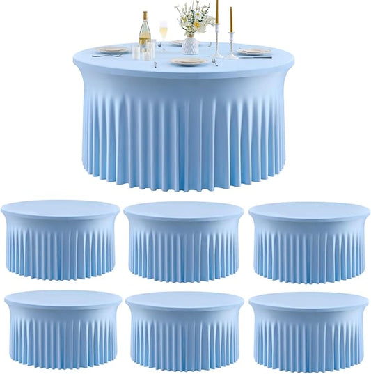 Outpain 6 Pack Spandex Baby Blue Round Tablecloths for 60in Tables, 120Inch Stretchy Fitted 5FT Round Table Clothes,Wrinkle Free Table Cover with Skirt for Wedding Party Dining Banquet
