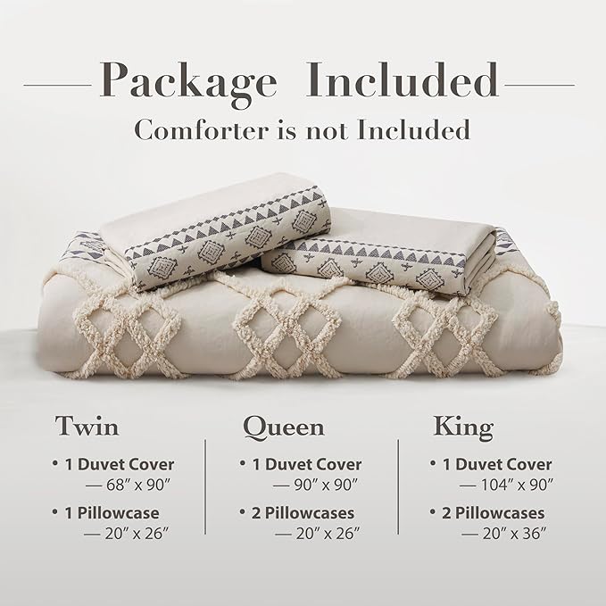 Oli Anderson Boho Duvet Cover Set Queen Size, Beige and Gray Color Clash 3 Pieces Microfiber Bedding Set, Durable and Super Soft Duvet Covers with Zipper and Ties, 90"*90"