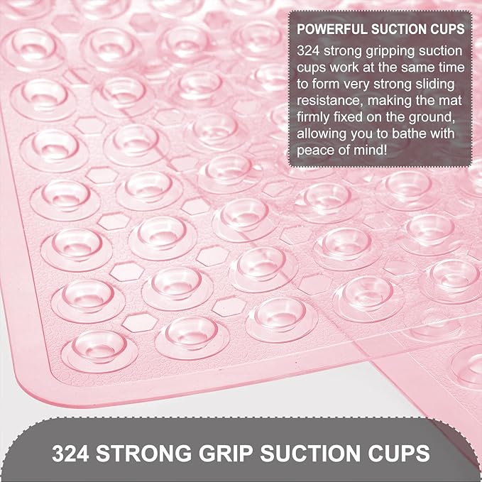 Bath Mat for Tub & Shower, Non Slip Soft Bathmat with Suction Cups & Drain Holes, Machine Washable Bathtub Floor Liner Mats for Bathroom, 35x16 Inch, Clear Pink