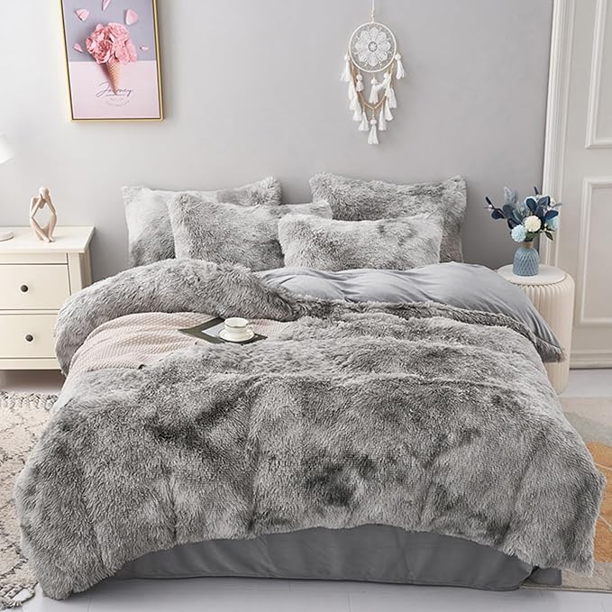 MorroMorn 5 PCS Shaggy Duvet Cover Bedding Set - Fluffy Comforter Cover Long Faux Fur Luxury Ultra Soft Cozy (Marble Gray, Full/Queen)