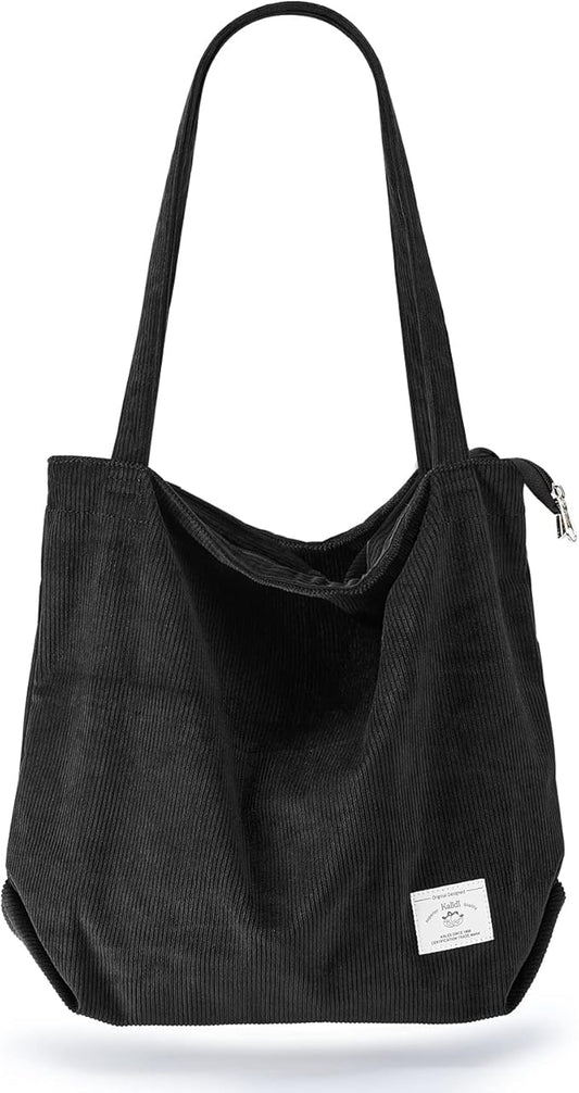 KALIDI Women Corduroy Tote Bag Zipper Casual Tote's Handbag Big Capacity Shoulder Bag with Pockets