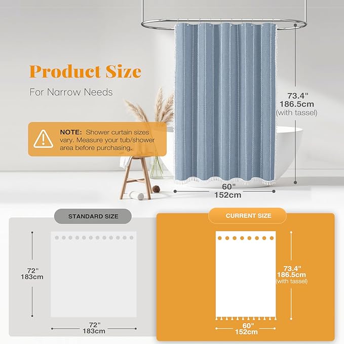 BTTN Stall Shower Curtain - 60x72 Narrow Boho Farmhouse Linen Vintage Striped Fabric Shower Curtain Set with 10 Hooks, Bohemian Cottage Decorative Heavy Duty Cloth Shower Curtains for Bathroom - Blue
