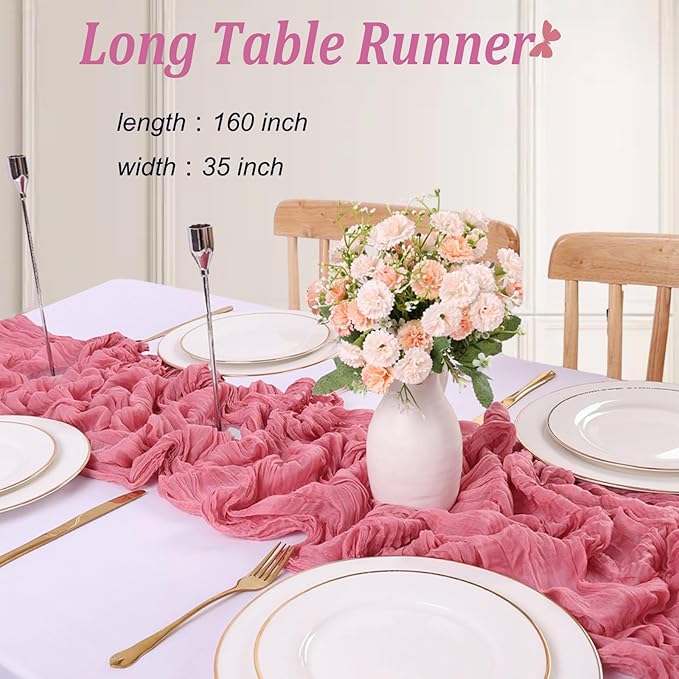 Crinkle Dusty Rose Cheesecloth Table Runner 13.3FT Long Boho Table Runner Rustic Gauze Wedding Dining Table Decorations for Holiday Birthday Party Baby Shower Event Decorations