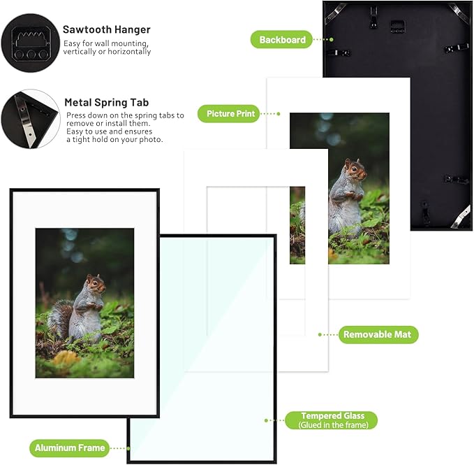 Golden State Art 11x17 Picture Frame 3 Pack - Aluminum Frames with 8x12 Removable Mats & Real Glass, Display 11x17 Posters or 8x12 Photos - Black Gallery Wall Frames for Home Office Decor