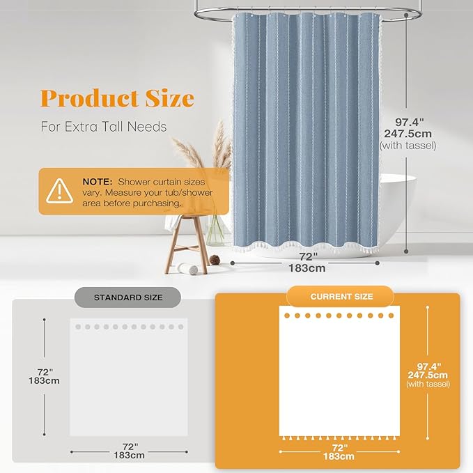 BTTN Extra Long Shower Curtain, 96 Inch Boho Rustic Striped Fabric Shower Curtain Set with Tassel, Water Resistant, Large Bohemian Chic Farmhouse Shower Curtain for Bathroom with Hooks, 72x96, Blue