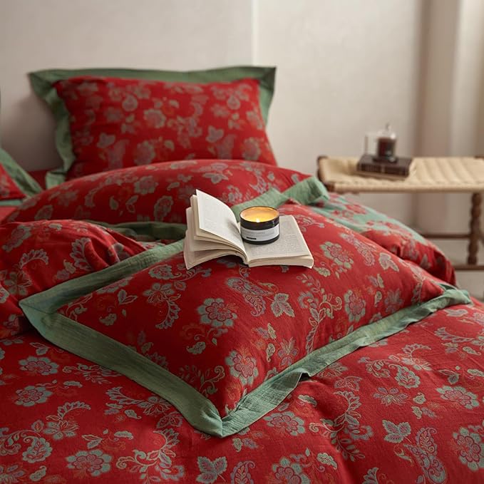 mixinni Exquisite Vintage Red Floral Duvet Cover Queen Size Yarn-Dyed Jacquard Textured Design Duvet Cover Set with Green Edge Design Premium Muslin Cotton-Linen Bedding Set for All Season-Queen Size