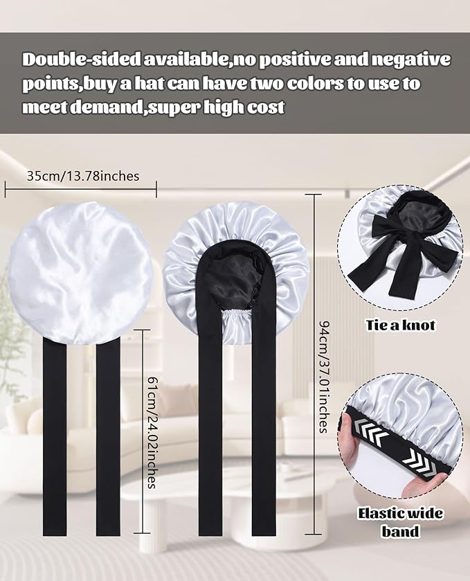 Satin Bonnet Silk Bonnet for Sleeping Silk Sleep Cap Double Layer Hair Bonnet with Elastic Tie Band for Curly Hair Night Cap(Black+Silver Gray)