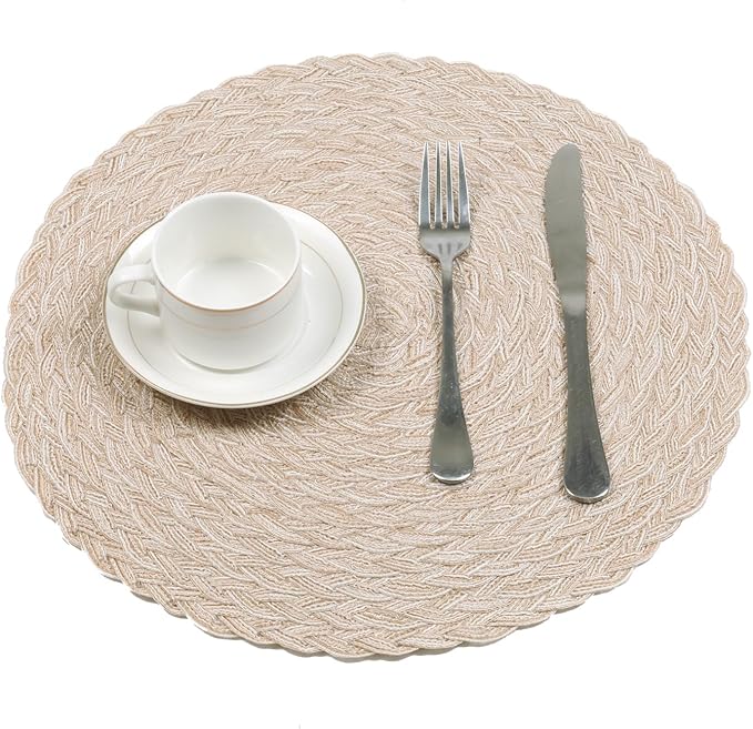 SHACOS Round Braided Placemats 15 inch Set of 6 Thick Boho Kitchen Table Placemats for Home Wedding Party (T-Beige, 6)