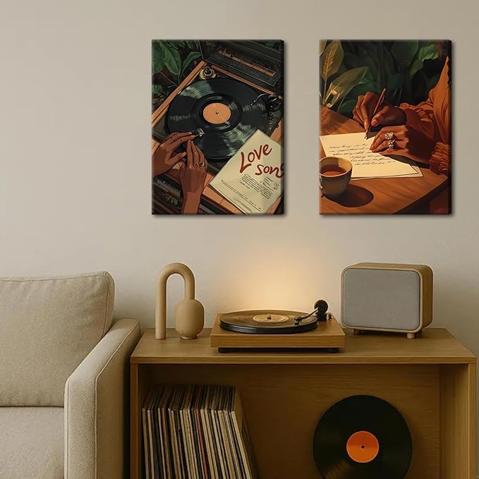 Black Woman Wall Art Set of 3 Fashion Black Girl Wall Decor, Trendy African American Women Music Poster Song Lover Canvas Prints Artwork for Bedroom Living Room 12x16 inch Framed