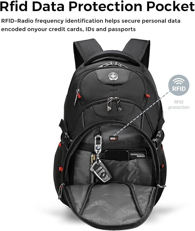 Swissdigital Design Laptop Backpack with USB Charging Port, Travel Backpack Fits 15.6 inches Computer, 31L College School Backpack for Men, Black | SD803