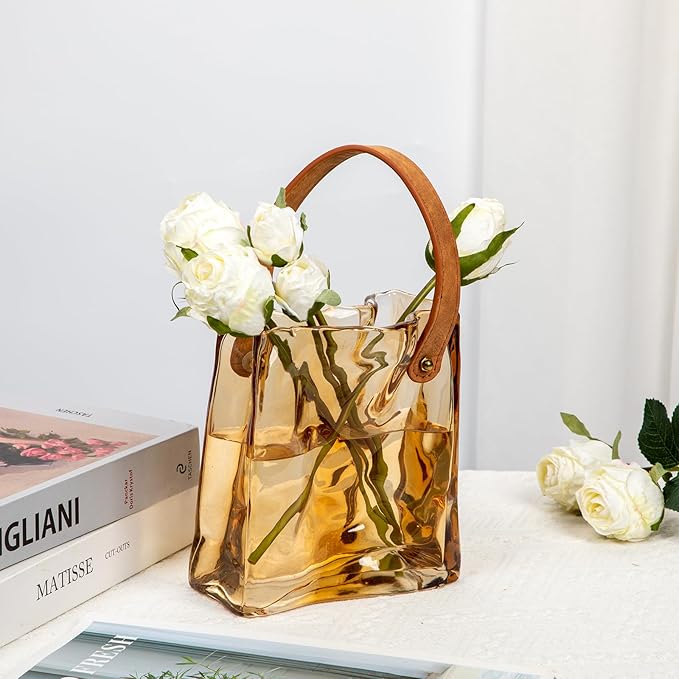 Glass Purse Vase for Flowers Amber Vases for Centerpieces Glass Bag Vase with Leather Handle Small Bag Vases for Decor Decorative Fish Bowl for Home Wedding Decor