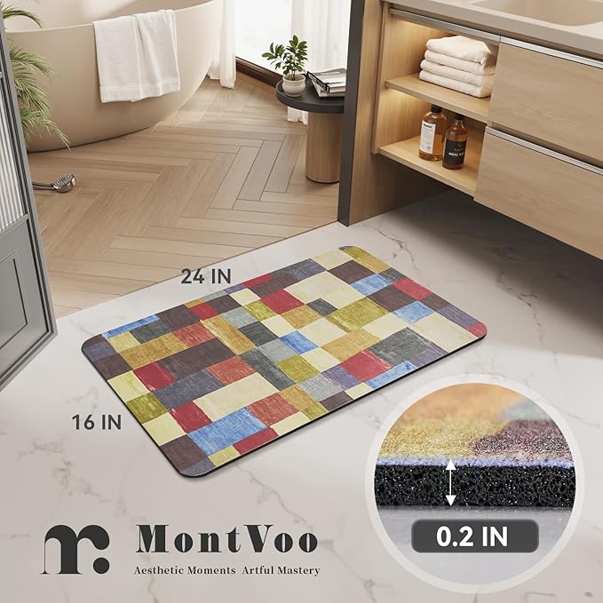 MontVoo -Bath Mat-Non Slip Thin Bathroom Rugs Fit Under Door- Quick Dry Absorbent Faux Suede Surface Grey Bathroom Floor Mats-Shower Rug for in Front of Bathtub Shower Retro Colors Plaid 16x24
