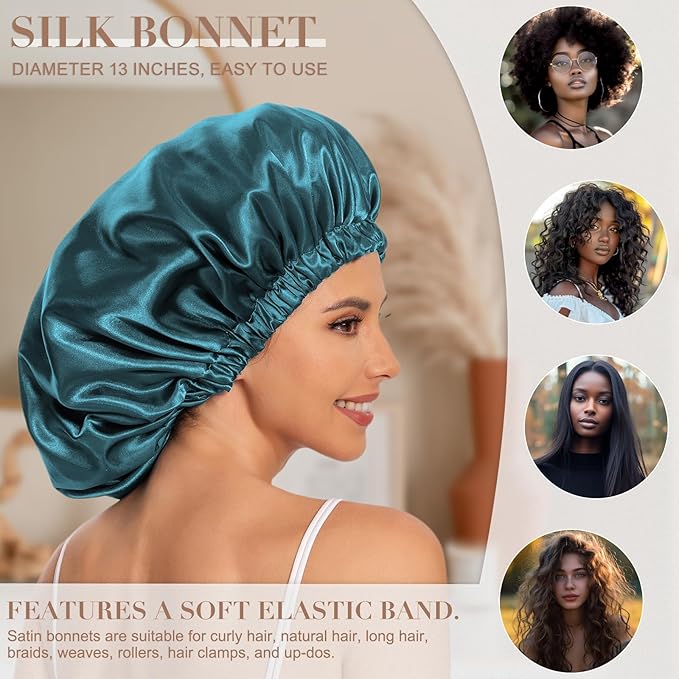 Satin Bonnet Silk Bonnet Hair Bonnet for Sleeping-Slouchy Beanie Hat Satin Sleep Cap for Women's Natural & Curly Hair(Blue Zircon)