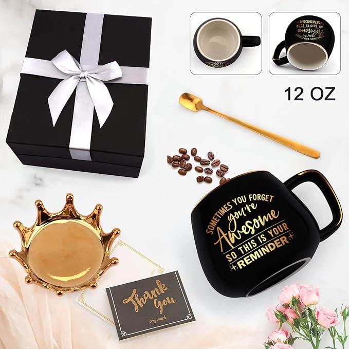 Thank You Gifts for Women-Sometimes You Forget Your Awesome-Funny Crown Coffee Mugs with Card for Graduation, Thank You Employee Appreciation Gifts for Boss Coworker Teacher(Black)