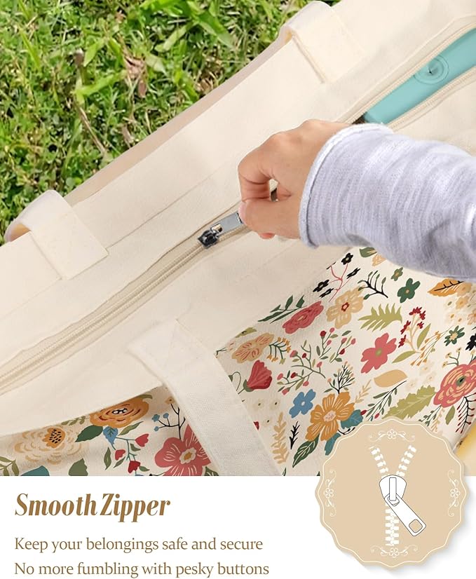 Large Tote Bag for Women - Aesthetic Cute Big Canvas Bags with Zipper Cotton Shoulder Bag for Gym, Travel, Work