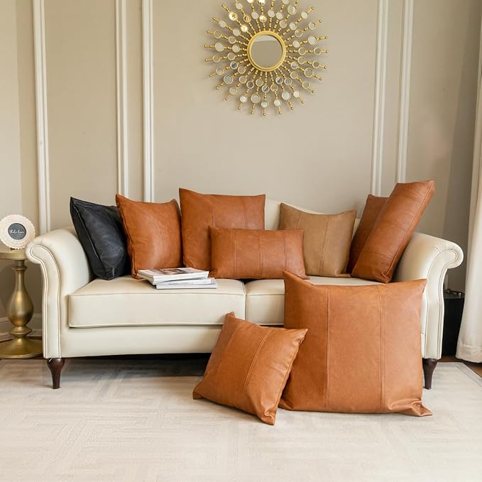 Faux Leather Throw Pillow Covers 12X20 Inch Set of 2 Milan Brown Outdoor Modern Farmhouse Solid Decorative Pillow Covers for Room Couch Living Bedroom Bed Sofa