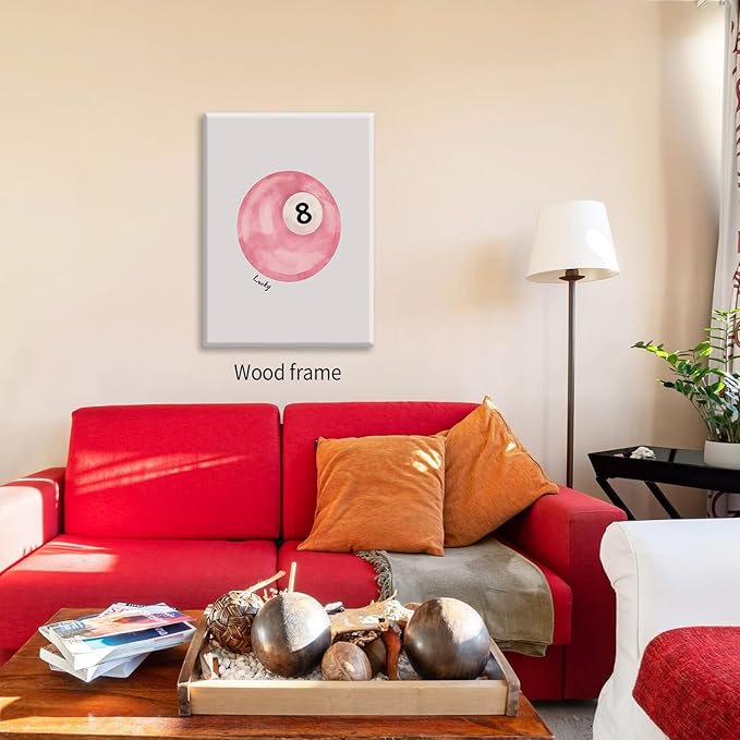 Pink 8 Ball Wall Art Vintage Trendy Preppy Pool Ball Posters Minimalist Retro Light Pink Canvas Prints 08x10 inch Framed Lucky Number Painting for Girly Bedroom Dorm Wall Decor